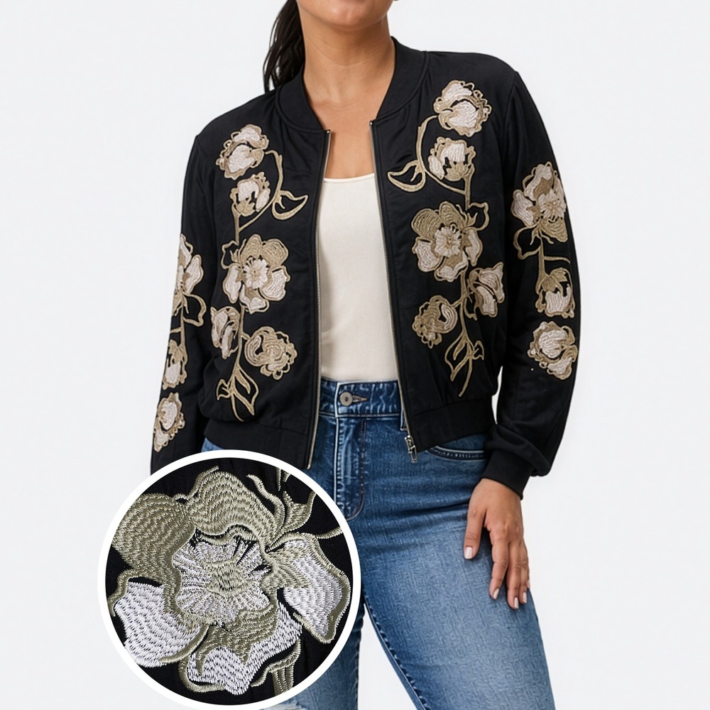 Urban Outfitters 100% Rayon M/L Floral Embroidered Black Bomber Jacket